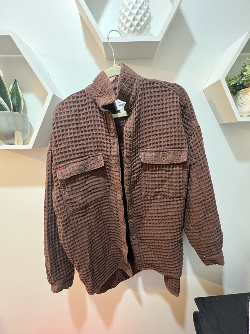 BDG Men's Brown Waffle-Knit Button-Up Shirt Jacket
